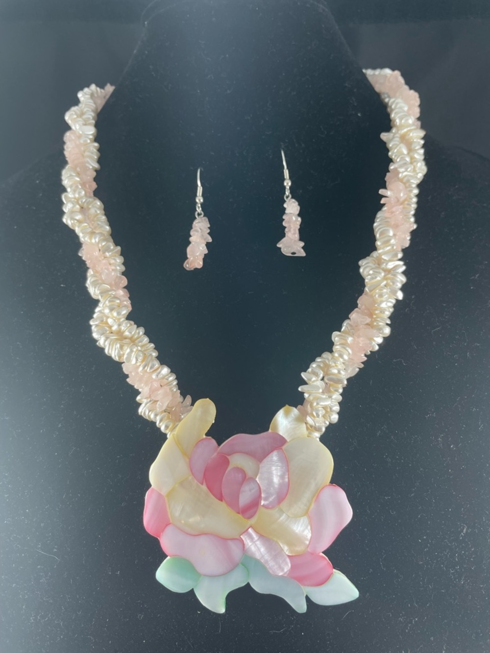 Lee Sands Mother of Pearl and Rose Quartz Statement Necklace and Earrings